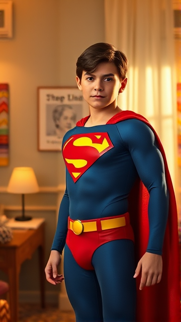 1990's Movie Scene: Jon Kent, AKA Superboy, the young little 12-year old super son of Superman, and the first kid to be born as the world's first Half-Kryptonian child, with an extremely muscular body, the iconic costume, the singular curled bang sticking out at the front of his flat and smooth hair, and a long cape, standing in his bedroom, ready for action. The camera is a great distance away, showing the entire body of Superboy in this scene.