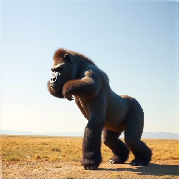 Majestic gorilla with the strong, muscular body of a horse, standing in a heroic pose on an open plain under a clear sky