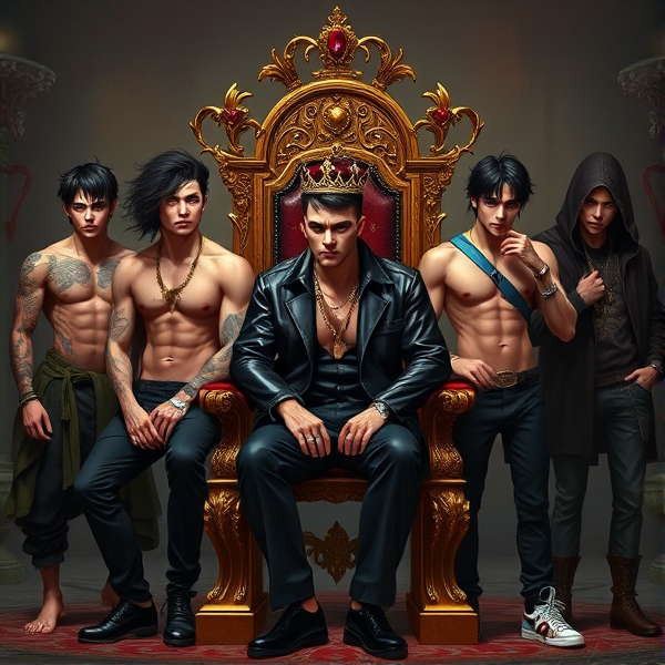 Seven young men personify the seven deadly sins in a symbolic tableau. In the center, Pride reigns supreme, seated on an ornate throne akin to that of a monarch, adorned with regal robes and a crown that glistens with gems. Wrath exudes menace, cloaked in a black leather jacket and matching pants, his skin etched with intricate tattoos and punctuated by metallic piercings. Greed flaunts opulence in designer attire dripping with jewelry; rings sparkle on every finger, complemented by a heavy gold chain around his neck. Envy assumes the guise of an enigmatic wanderer, casting covetous glances towards his companions while cloaked in subtle green tones. Gluttony presents a paradoxical figure: svelte yet dressed in snug-fitting clothes that speak to an endless hunger unsatisfied by mere physical sustenance. Lust smolders with sensual intent, garbed in provocative attire designed to tempt and tantalize, tongue lasciviously exposed. Lastly, Sloth embodies lethargy, slumped casually in oversized hoodie and sweatpants while listlessly rubbing weary eyes as if struggling against the pull of sleep