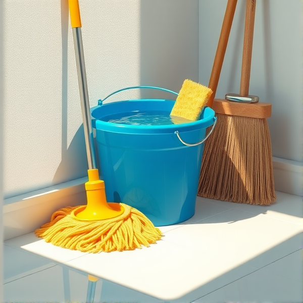 A meticulously arranged cleaning corner in a brightly lit room, featuring a shiny blue bucket filled with crystal-clear water, a neatly folded yellow mop resting beside it, a stiff-bristled scrub brush, and an upright broom with clean, natural straw bristles set against the wall. Soft shadows accentuate the textures of each object and the clean, tiled floor reflects the ambient light
