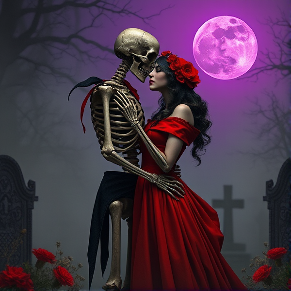 Scène vintage amour gothique sombre squelette et femme en rouge enlacés chef d'oeuvre cimetière brumeux lune violette