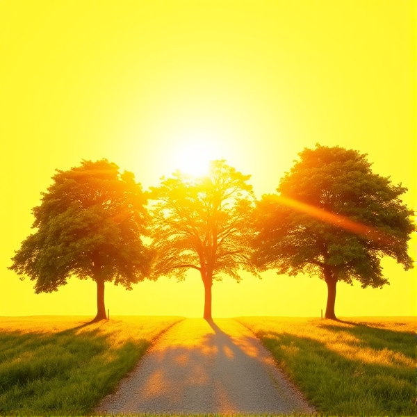 A yellow background Warm golden sunlight gently illuminating a serene path flanked by three lush, mature trees with a soft yellow sky backdrop