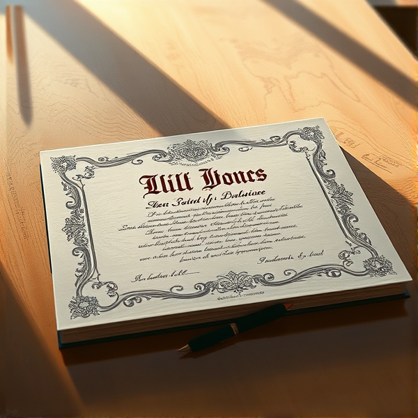 Diplôme écrit en français posé sur une table