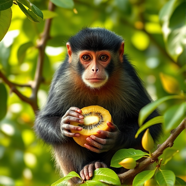 Realistic capuchin monkey holding a ripe kiwi fruit in its hands, sitting on a lush green jungle branch during daylight, detailed fur texture and vibrant green leaves surrounding