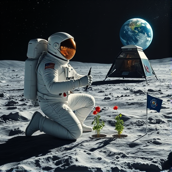 Un astronaute méticuleux vêtu d'une combinaison spatiale très détaillée aux nuances de blanc perle et d'acier chromé, avec des marques distinctives fidèles à l'esthétique NASA et des éléments réfléchissants subtiles, se tient agenouillé dans une posture mesurée et symétrique sur le sol gris poussiéreux et richement texturé de la lune. La scène est baignée dans une lumière douce et diffuse émanant d'un ciel nocturne profond, constellé d'étoiles scintillantes dévoilant des constellations précises et un dégradé harmonieux allant du noir ébène au bleu outremer. Son casque spacieux offre un effet miroir parfait, reflétant les alentours avec clarté alors que ses gants renforcés, équipés de systèmes de contrôle tactile avancés, manœuvrent habilement les instruments spécialisés pour la culture en apesanteur. Concentré sur sa tâche, il utilise une trousse d'outillage spécifique pour la plantation qui comprend des pipettes de précision, afin de planter minutieusement des graines de pavot dans le substrat enrichi en nutriments essentiels situé à l'intérieur d'un biodôme lunaire transparent. Ce dernier abrite un réseau complexe et finement conçu de systèmes hydroponiques avant-gardistes accompagnés d'une installation lumineuse à spectre complet soigneusement ajustée pour simuler les conditions optimales terrestres nécessaires à la photosynthèse en milieu extraterrestre. En arrière-plan se profile un module d'atterrissage spatial au design sophistiqué et épuré qui arbore avec distinction le logo emblème du Québec sur son flanc poli. Le paysage lunaire alentour contraste fortement avec ce signe de présence humaine grâce à ses cratères nets et ses monticules réalistes. Suspendue au-dessus de l'horizon sélénite, la Terre offre une toile spectaculaire aux couleurs vibrantes mais naturelles : océans azurés, continents verdoyants teintés par la diversité des biomes terrestres et nuages filamenteux caressant doucement l'atmosphère visible. Non loin du site d'expérimentation agricole spatial se trouvent judicieusement disposés différents instruments scientifiques ultra-précis: capteurs environnementaux multiparamètres, moniteurs de croissance végétale dotés d'I.A., ainsi qu’un petit panneau solaire flexible assurant l'énergie nécessaire à leurs fonctions. Un petit fanion du Manchester City Football Club flotte doucement sur le côté du module habitable, ajoutant une touche ludique à cet environnement studieux qui symbolise également un partenariat entre les sciences spatiales et le sport représentatif de cette nouvelle 'Manchester City' interplanétaire.gigantesque serre de légumes bio,coccinelle lunaire