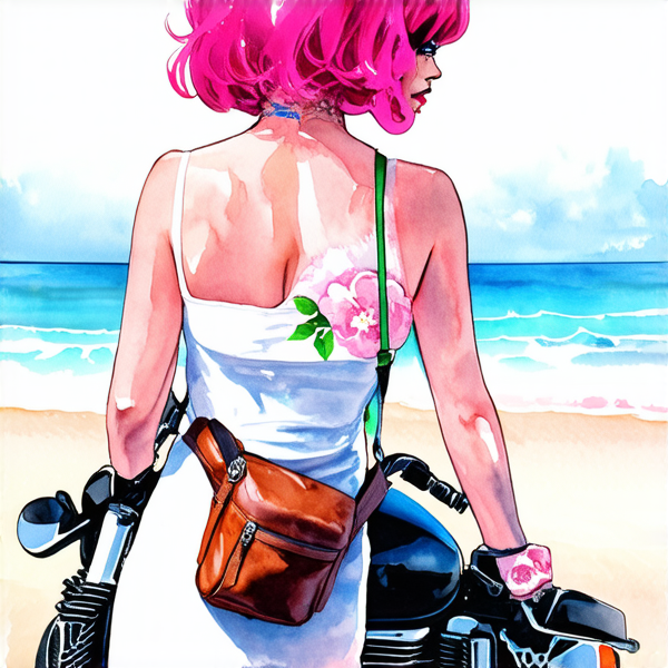 Aquarelle : Femme avec des cheveux rose fuchsia sur une harley noir roule sur le plage. elle porte une robe blanche à grosse fleur rose layette et un sac banane à main en cuir marron lanière rose et bleu et vert porté en bandoulière