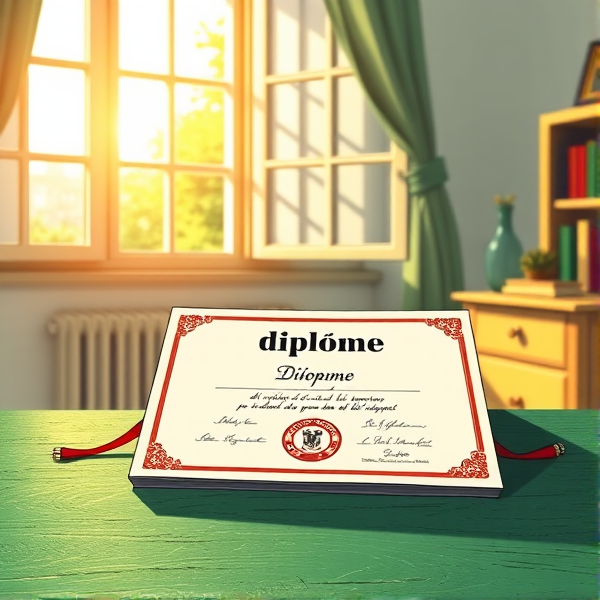 diplôme posé soigneusement sur une table verte avec l'inscription diplôme en français lumière douce de matin filtrant par une fenêtre ouverte, ambiance studieuse
