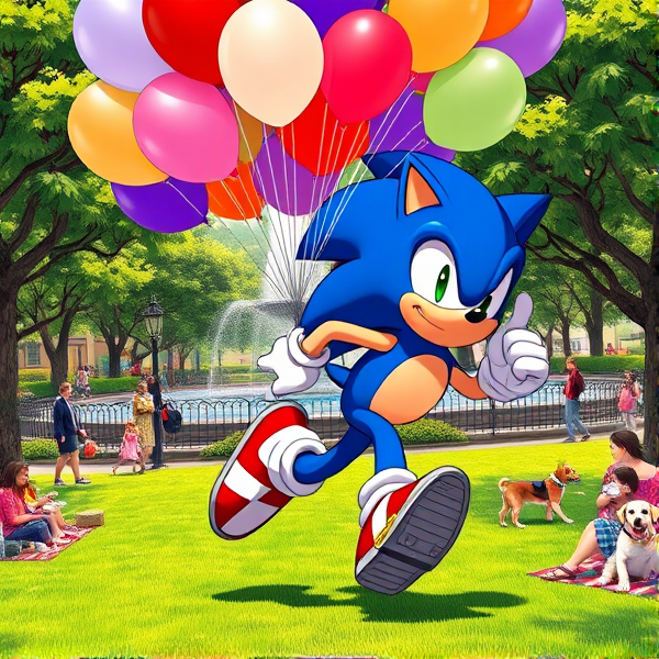 Sonic the Hedgehog captured mid-stride in a dynamic running pose, with his iconic blue quills trailing behind him. He's helium gas cylinder tank standing gripping and vivid collection of assorted balloons—450 in total, each measuring 16 inches. The balloons are in various shades and have a shimmering sheen to them, reflecting the sunlight. Sonic is sporting his red shoes with white stripes and gold buckle, which blur slightly from his incredible speed. The bustling park around him is alive with activity; there are children playing on swings, couples walking dogs of various breeds, street performers juggling and people picnicking on checkered blankets. Lush green trees dot the landscape, their leaves rustling gently in the breeze, and vibrant flower beds add pops of color throughout the scene. In the background stands an elaborate fountain cascading water into a clear blue basin. All elements are illustrated in a richly saturated anime art style that emphasizes bold lines and dramatic lighting to enhance the dynamic nature of Sonic's movement