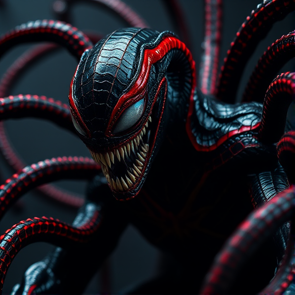 Symbiote noir et rouge aux textures organiques détaillées, avec des reflets luisants donnant une impression de viscosité, enveloppé dans des tentacules dynamiques et expressifs qui s'étendent, accentuant un aspect menaçant et puissant. L'ambiance générale est sombre et mystérieuse, éclairée uniquement par des sources de lumière naturelles faibles qui mettent en valeur le contraste entre les teintes noires profondes et les touches rouge sang du symbiote. Des effets de texture comme de petits motifs écailleux ou fibreux sont visibles sur la surface du symbiote, rendant la créature encore plus réaliste et terrifiante.