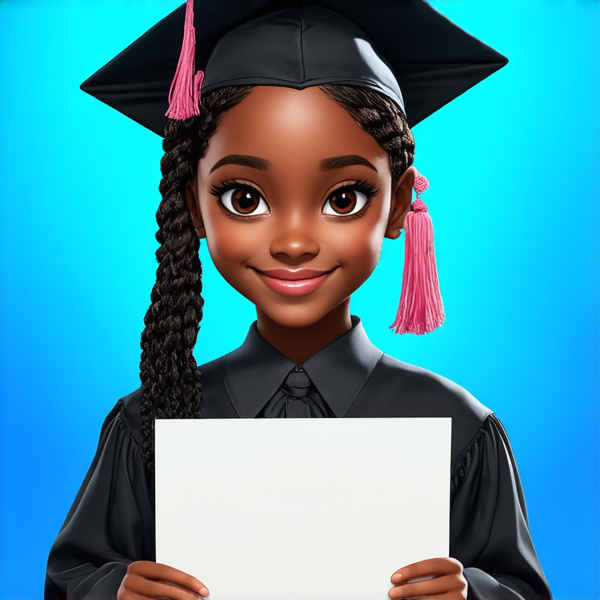 jeune fille noire de huit ans avec des tresses africaines traditionnelles, habillée élégamment pour une cérémonie de remise de diplôme, tenant son certificat, souriante et fière