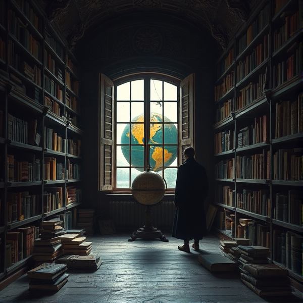 Une bibliothèque séculaire et délaissée où les boiseries sculptées sur les murs sont drapées de poussière et de toiles d'araignée, abrite des rayonnages qui craquent sous le poids d'anciens grimoires aux pages jaunies et des livres reliés en cuir desséché. Chaque tome, manuscrit et carnet est un témoin silencieux de pensées autrefois lumineuses ou d'un apport significatif à un projet collaboratif oublié. Des feuilles écornées s'échappent des volumes, certaines jonchant le sol pavé couvert de la fine empreinte du temps. Au centre de ce refuge du savoir perdu règne un globe terrestre antique, ses couleurs passées et sa surface éraflée reflétant l'abandon des connexions qu'il représentait jadis. La lumière du crépuscule filtre à travers l'espace, faisant ressortir les teintes délavées des continents explorés.

Une silhouette solitaire se découpe dans ce tableau d'oubli; pliée par la nostalgie ou une quête infructueuse de savoir, elle porte un long manteau sombre élimé par les années qui flotte tel l'écho d'une époque révolue. Elle se tient devant une fenêtre aux carreaux fissurés ou marqués par le temps, seul vecteur d'une lumière pâle qui projette une clarté triste sur cette toile faite d'araignée argentée entre les vestiges littéraires.

La luminosité ambiante est tamisée et empreinte de mélancolie; elle provient essentiellement du ciel chargé à l'extérieur qui pénètre faiblement par des volets à demi-clos et des fissures ajoutant au mystère de cet intérieur caché. La prise de vue est en contre-plongée douce enveloppant la solitude pesante du personnage tout en détaillant le désordre et l'encombrement alentour. Le style visuel souhaité est réaliste avec une attention minutieuse portée aux textures – bois ancien, papier fripé, cuir craquelé – capturant avec fidélité l’atmosphère sombre où chaque objet raconte sa propre histoire silencieuse.