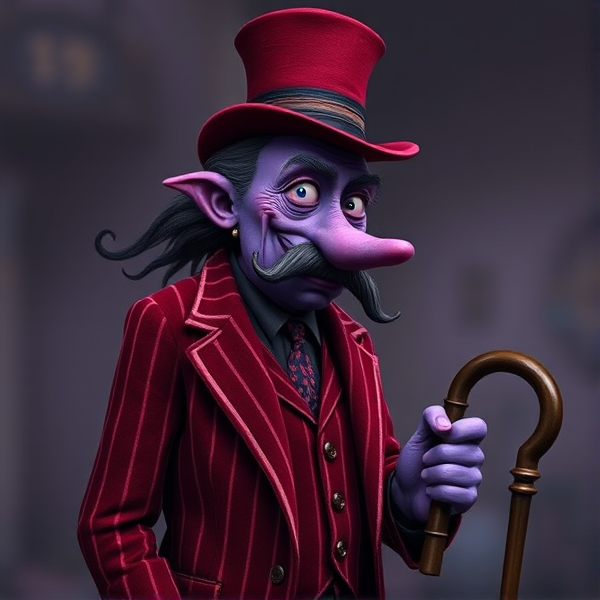 A dreamy elder man figure with purple skin, a dark squiggly mustache, long skinny nose, and a striped red velvet suit with a cane and a a top hat to match his suit and he’s tall and skinny