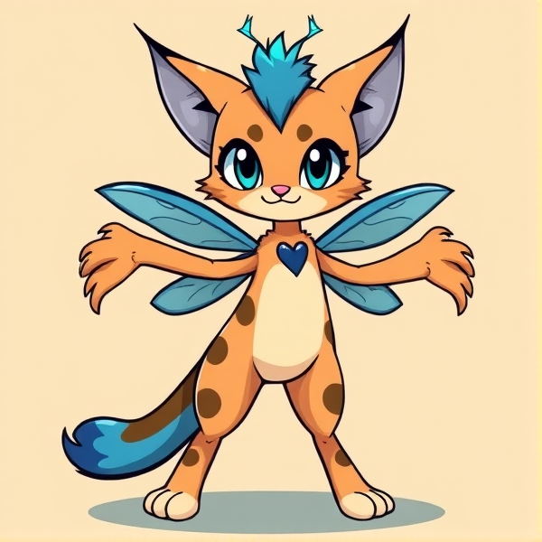 Lynx beige fursona furry with brown and blue markings and blue ears, star blue antennae with 2 bug wings and 4 arms. Cartoony silly little Lynx fursona scenecore with a blue hair tuft. Standing on two legs and  no lighter markings standing on two legs. Blue inside the ears and a blue and brown heart on her tail. Her tail fades into a dark and a lighter blue. Standing on 2 legs on 2 legs not on 4 legs she is standing on two legs two of them and she’s standing on 2 legs like a human but she isn’t human okay. Oh my gosh I said she’s a furry so she’s standing on 2 legs and also she’s a Lynx and where is her antennae  she has antennae shaped into the shape of a star on top of her head. She is a lynx cat and crossed with a mantis.