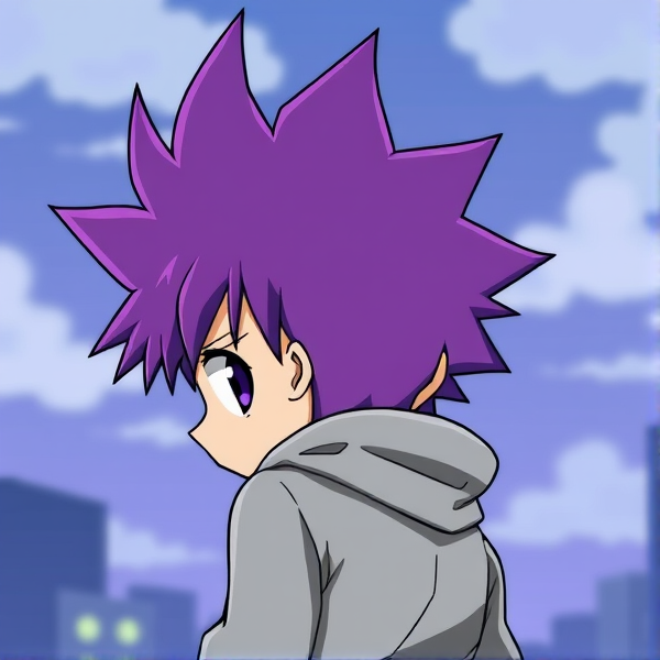 My hero academia oc. Purple spikey hair. Chibi style. Sneaking up behind someone