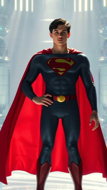 1990's Cinematic Movie Scene: Jon Kent, AKA Superboy, the young little 12-year old super son of Superman, and the first kid to be born as the world's first Half-Kryptonian child. Despite being a kid, he has all of his father's powers, with an extremely muscular body, the iconic costume, the singular curled bang sticking out at the front of his flat and smooth black hair, and a long cape. The young little Half-Kryptonian, Jon Kent, now Superboy, stands in his secret icy crystal lair in the Arctic, the Fortress Of Solitude, ready for action as he prepares to take flight for the first time so he can honor his deceased father's legacy and fulfill his destiny.