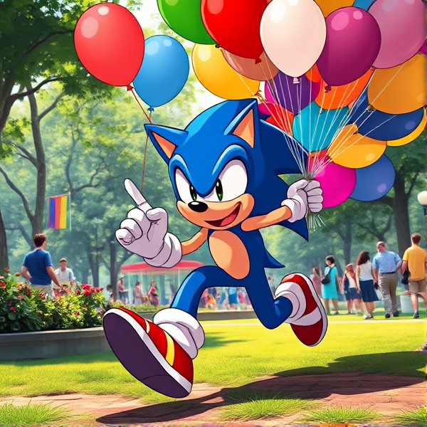 Sonic the Hedgehog captured mid-stride in a dynamic running pose, gripping a vivid collection of assorted balloons 450 each measuring 16 inches, amid a bustling park filled with activity and greenery, all illustrated in a richly saturated anime art style