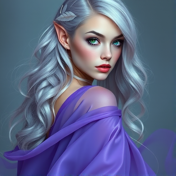 Ethereal woman with long, wavy silver hair cascading past her mid-back. Her eyes are a striking mix of one deep blue and one vibrant green, accentuated by her high cheekbones and delicate, pale skin. Pointed ears peek through the lustrous strands, adorned with fine silver feathers that seem to whisper of otherworldly grace. She is cloaked in an exquisite purple gown that flows around her like a gentle mist, its fabric catching the light with subtle iridescence. The gown is tailored to celebrate simplicity and elegance, hugging her form before spilling into a sea of soft folds around her feet. A faint glow seems to emanate from her being, enhancing the air of mystique that surrounds her ethereal presence.