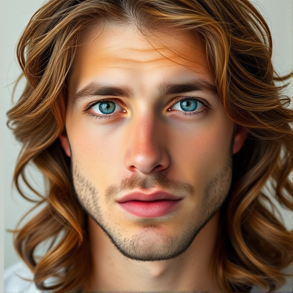 Caucasian male with wavy chestnut brown hair cascading past the shoulders, a pronounced aquiline nose, expansive forehead, piercing blue eyes, and a hint of stubble adorning his chin. His cheeks are full and rounded, complemented by a noticeable septum ring piercing and prominent, full lips.