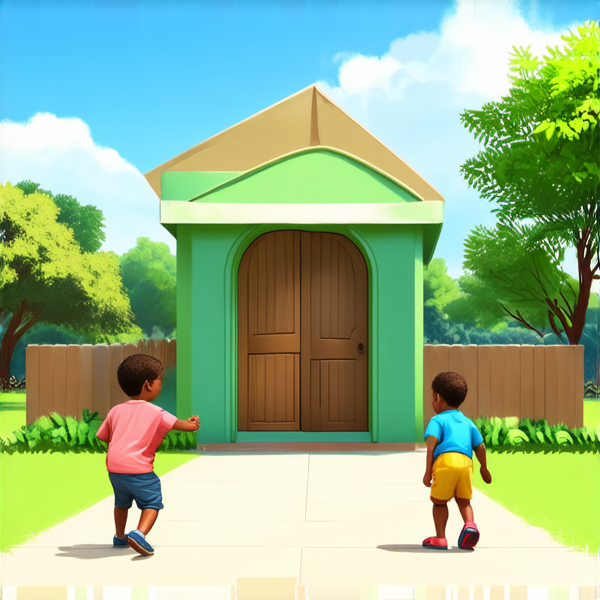 bâtiment d'une école primaire typique en Afrique avec des enfants jouant dans la cour, sous un ciel bleu clair et des arbres à proximité