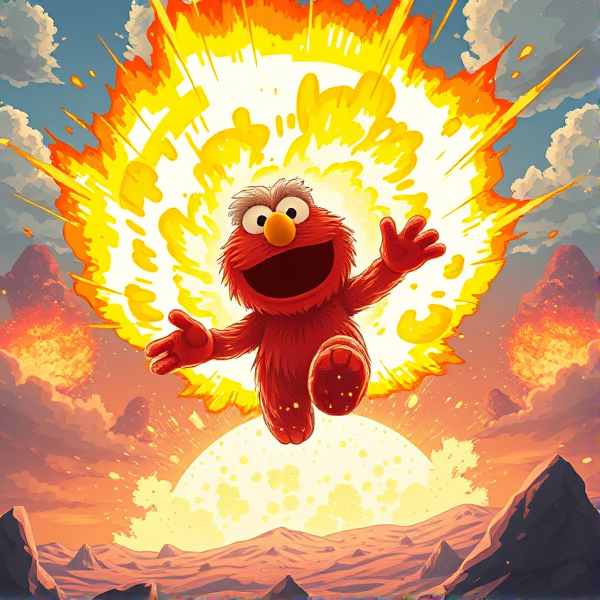 Elmo using kamehameha wave making a massive explosion in the distance
