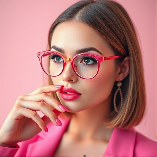 girl wearing pink has shoulder length hair long eyelashes painted nails glasses light skin high heels and earrings