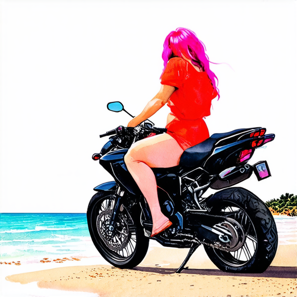 Aquarelle : Femme avec des cheveux rose fuchsia sur une moto noir roule sur le plage