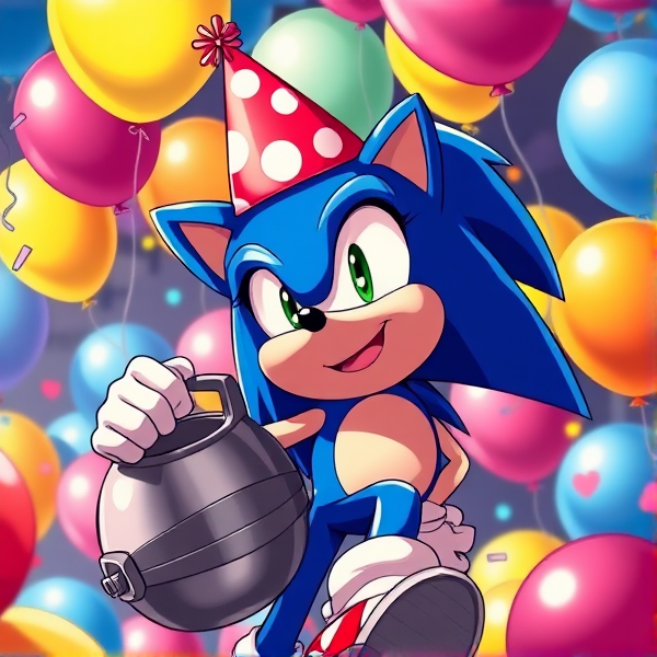 Sonic the Hedgehog donning a festive party hat, cheerfully holding a large helium tank equipped with a nozzle. He's amidst a joyful scene of multi-colored balloons floating around him, some playfully tethered to his quills, all while he sports a mischievous grin on his face