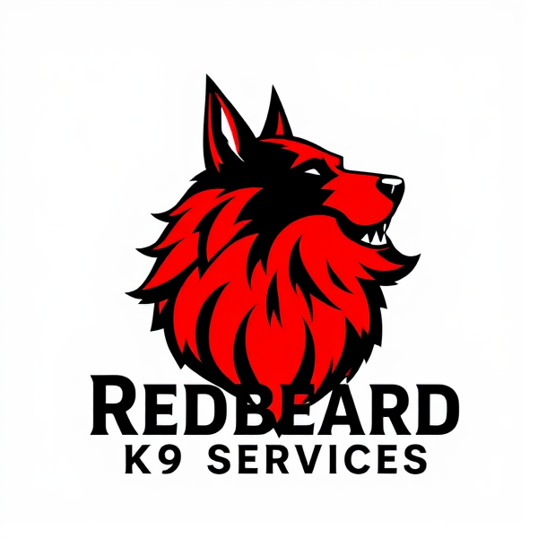 Create a professional and dynamic logo for "Redbeard K9 Services" that combines a stylized, majestic red beard with the silhouette of a noble, strong, and loyal dog. The design should convey power and faithfulness, appropriate for a company's branding and corporate identity. The logo must feature a rich red color scheme for the beard with black and white elements to ensure contrast and visual impact. The company name should be displayed in a bold, authoritative yet welcoming font below the image.