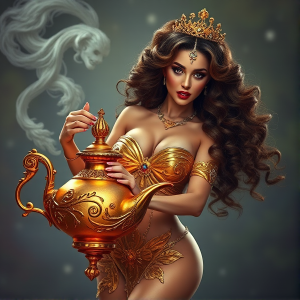 A voluptuous genie with luxurious curly brown hair, wearing an ornate gold and jewel-encrusted outfit, is dynamically posed mid-motion as she's drawn back into her ornate, mystical lamp with a look of surprise and elegance