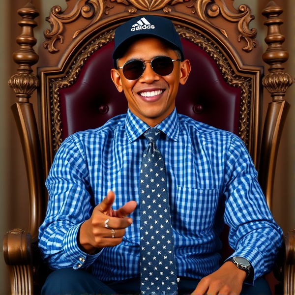 Barack Obama assis sur un trône avec casquette logo adidas , portant une chemise vichy bleue petit carreaux  et une cravate étoilée avec des logos discrets. Il porte des lunettes Ray-Ban de soleil  et une casquette Adidas,. Il pointe des doigts 
Logo adidas en gros sur sa cravate
Il regarde nous en souriant
