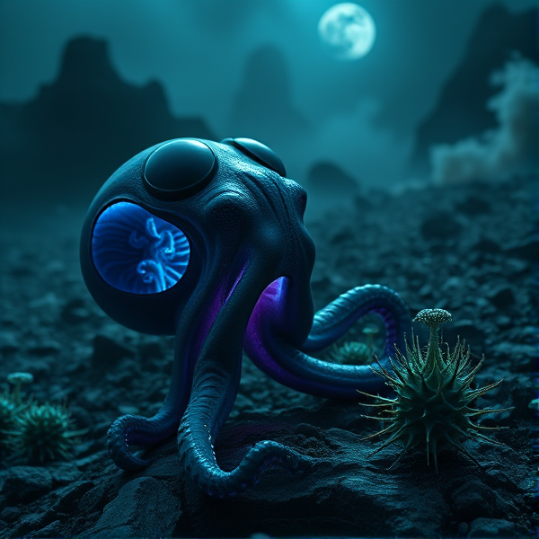 Une créature exotique d'astrobiologie, aux allures de pieuvre avec une peau translucide révélant des organes internes bioluminescents dans des teintes de bleu et de violet, exprime une grimace étrange devant la découverte d'une plante extraterrestre toxique à l'apparence trompeusement attrayante avec des épines émettant un gaz néfaste. Le tout dans un environnement sombre et brumeux sur une planète rocheuse non identifiée, avec des geysers de méthane en activité en arrière-plan, reflétant une atmosphère glauque. Un style réaliste pour accentuer les détails fins des textures biologiques et géologiques. Éclairage naturel faible provenant d'une lune voisine qui crée des ombres longues et profondes, ajoutant au sentiment d'insécurité. Vue en plongée pour capturer la scène dans son ensemble tout en focalisant sur l'expression grimacante de la créature.