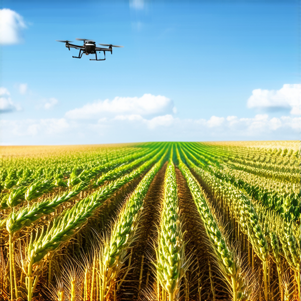 Champ de blé avancé avec des drones de surveillance high-tech analysant les récoltes, expressions anthropomorphisées de légumes aux regards boudeurs à cause d'une petite sécheresse, fond de ciel bleu avec quelques nuages cumulus, style réaliste avec une attention méticuleuse aux détails des appareils et plantes, lumière naturelle du matin, vue en plongée montrant l'interaction entre la technologie et la nature