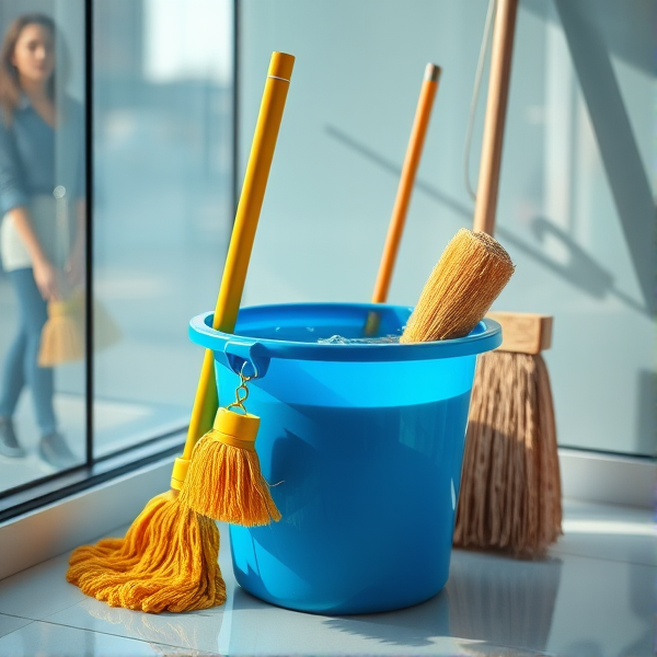 A meticulously arranged cleaning corner in a brightly lit room, featuring a shiny blue bucket filled with crystal-clear water, a neatly folded yellow mop resting beside it, a stiff-bristled scrub brush, and an upright broom with clean, natural straw bristles set against the wall. Soft shadows accentuate the textures of each object and the clean, tiled floor reflects the ambient light