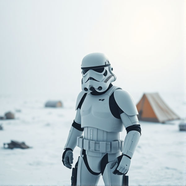 A storm trooper from Star Wars that was exiled to Hoth surviving on a small camp on a snowy planet alone