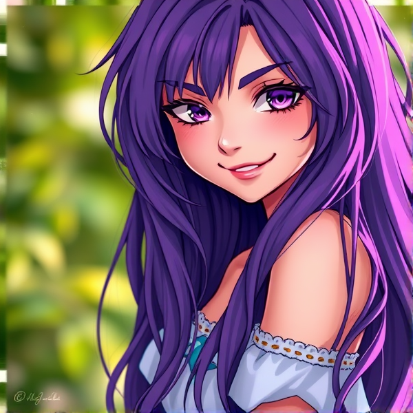 A long
 purple haired girl with a mean happy smirk