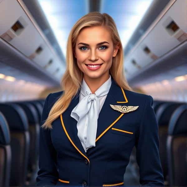 A radiant blonde flight attendant with a professional, warm smile and sparkling blue eyes, clad in a tailored navy blue uniform with gold trim that highlights the crisp lines of her outfit. Her uniform boasts an immaculate white blouse underneath and a stylish, neatly tied cravat. Adorning her lapel is a gleaming wings pin which symbolizes her role and dedication. She's poised gracefully in the aisle of a commercial airplane cabin that exudes an aura of luxury with soft ambient lighting and plush seats visible in the background. With an air of elegance, she has long hair