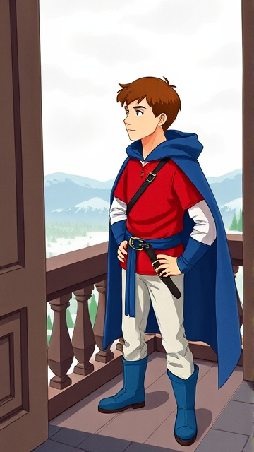 Clyde Donovan from South Park, light skin and brown hair, but as a 14-Year Old, dressed as a medieval prince with a red shirt with white sleeves, a black belt with a gold buckle, white pants, blue boots, blue long-cuffed gloves, and wreathed in a really big, heel-length long, ultra-wide blue hooded cape, now known as Prince Donovan. Despite still being a kid, he is the Youngest Ruler of South Park, Colorado, but now reborn as the real life Kingdom of Kupa Keep, Zaron, and Prince Donovan is its youngest and greatest hero. The young teenage prince of Kupa Keep is currently standing on his bedroom balcony in his new home of Kupa Keep Castle, looking out to the horizon and happily admiring the amazing view of his newfound kingdom that was once the small mountain town he knew before.