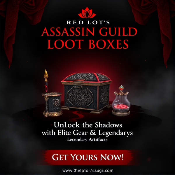 Design a dark and atmospheric banner for a Red Lotus Assassin Guild loot box. The background should feature deep reds, blacks, and grays, with subtle mystical elements like arcane symbols or ethereal light. In the center, prominently display an ancient, ornate loot box with glowing effects. Surround the loot box with visible high-tier items such as elite assassin gear, legendary artifacts, and unique customizations. At the top, include the text 'Red Lotus Assassin Guild Loot Boxes' in a bold, elegant font. Below the title, add the tagline 'Unlock the Shadows with Elite Gear & Legendary Artifacts' in a slightly smaller font. At the bottom, feature a call-to-action button with 'Get Yours Now!' and space for a URL or QR code