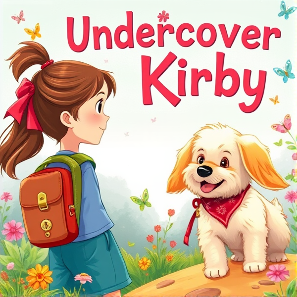 Bright and whimsical book cover design featuring a 10 year old with brown ponytail with red ribbon as the protagonist on an adventurous journey, bursting with vivid colors and elements that appeal to 10-year-old girls such as butterflies and pretty birds, and friendly cream long haired small fluffy dog with long hanging ears and red bandana around neck looking happily at protagonist.. The artwork should capture the essence of a childlike wonder and the excitement of exploration, ideally incorporating symbols of adventure like compasses, binoculars, or hidden paths. The typography should be bold and inviting, resonating with young readers' imagination and sense of fun. The title is: Undercover Kirby. The style should realistic hand drawn illustration