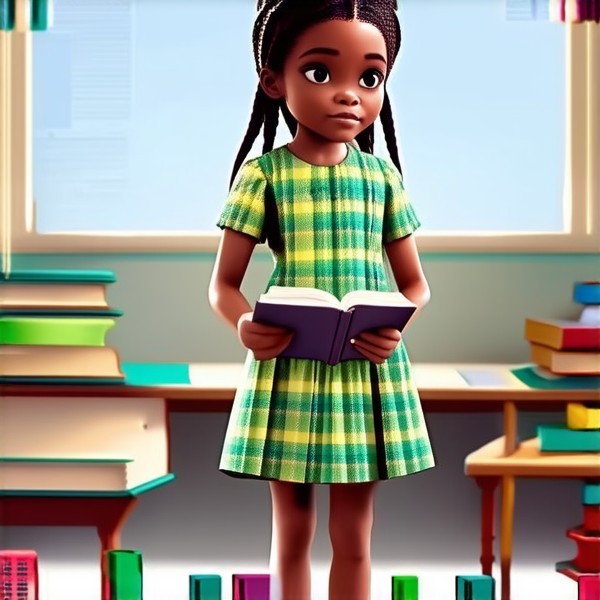 petite fille noire de 8ans en robe avec des tresses africaines tenant un cahier devant une ecole