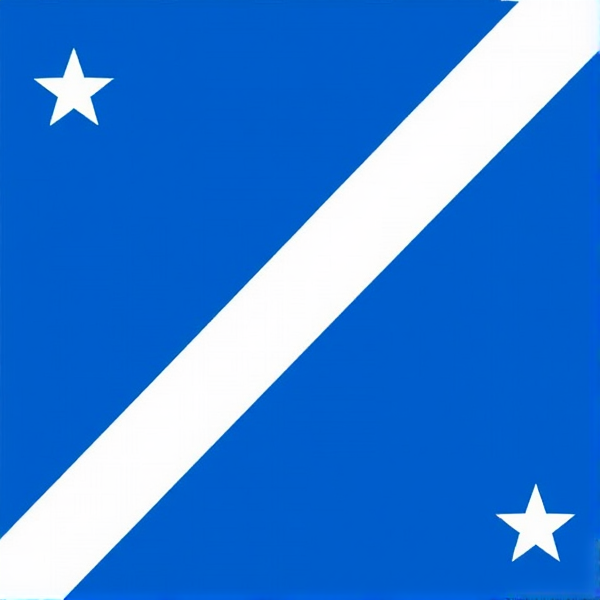 Flag who features a blue background with a white diagonal cross, which divides the flag into four sections. In each of the top corners, there is a white star