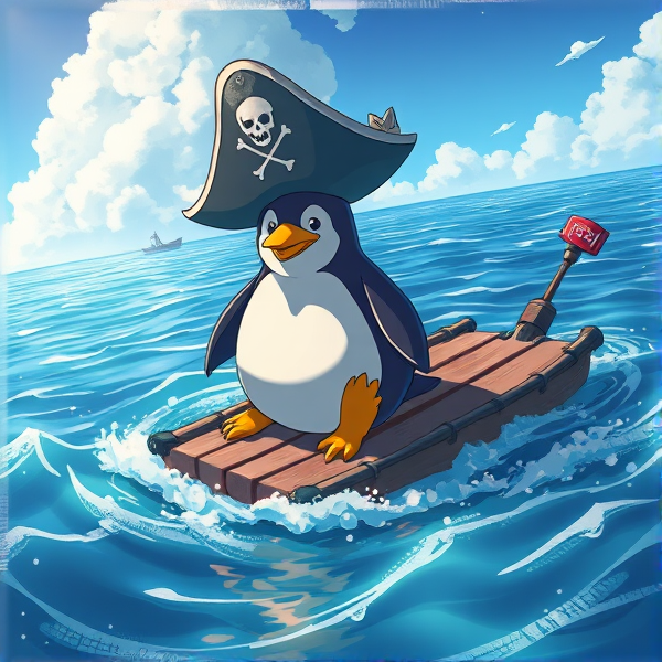 Pingouin pirate sur un radeau dans la mer