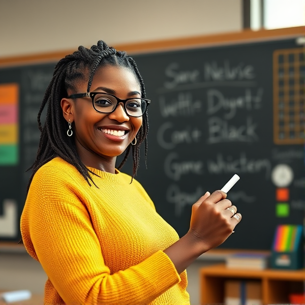 Une enseignante afro-américaine élégamment coiffée de tresses africaines traditionnelles, portant un pull jaune vif et des lunettes, se tient debout et souriante devant un tableau noir de salle de classe en train d'y écrire avec assurance à la craie blanche, lumière naturelle émanant des fenêtres, éléments éducatifs colorés visibles en arrière-plan