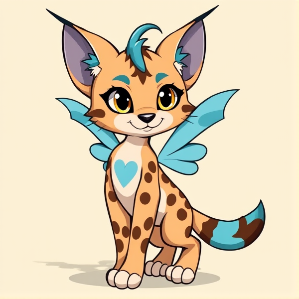 Lynx beige fursona furry with brown and blue markings and blue ears, star blue antennae with 2 bug wings and 4 arms. Cartoony silly little Lynx fursona scenecore with a blue hair tuft. Standing on two legs and  no lighter markings standing on two legs. Blue inside the ears and a blue and brown heart on her tail. Her tail fades into a dark and a lighter blue.