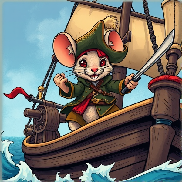 An illustration of swashbuckling mouse on a pirate ship