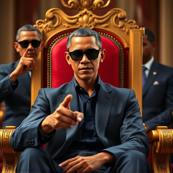Trois portraits stylisés de Barack Obama assis sur un trône opulent, revêtu d'une chemise élégante à carreaux bleus et d'une cravate évoquant le drapeau des États-Unis avec des motifs d'étoiles. Il arbore des lunettes de soleil tendance et une casquette Adidas noire reconnaissable avec trois bandes blanches. Le portrait central capture Obama regardant intensément vers l'objectif, ses yeux dotés de spirales captivantes qui semblent hypnotiser le spectateur. Les portraits latéraux montrent Obama de profil, pointant du doigt en direction de la caméra dans un geste assuré et expressif. Sa posture est majestueuse et il dévoile ses pieds dans une position détendue. Il porte des lunettes de soleil