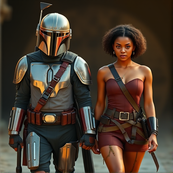 The Mandalorian holding hands with his shorter female partner with olive skin tone, short curly hair, her face not visible