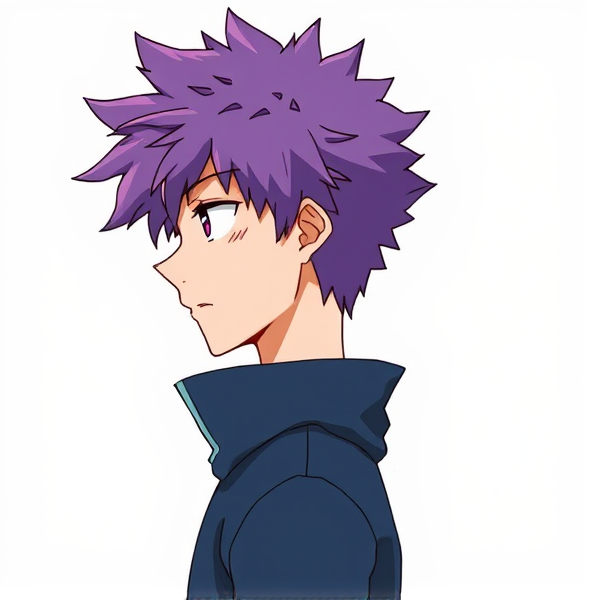 My hero academia oc. Purple fluffy hair. Male. Side view. Full body view