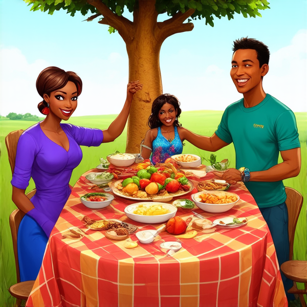 prompt: Un grand repas de famille traditionnel en plein air sous un baobab en Afrique, avec des plats locaux colorés et variés, des fruits exotiques, une grande nappe colorée, des hommes et femmes africains vêtus de tenues traditionnelles multicolores souriants et partageant un moment convivial