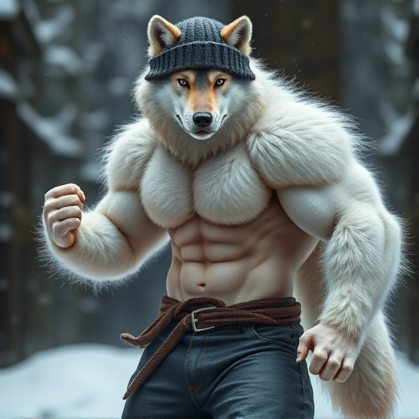 Wolf, fur whit, muscle, nipples,beanie and pants, furry